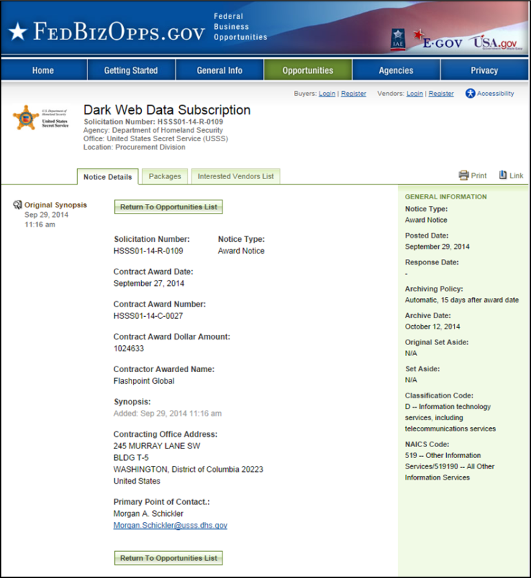 Document of the Day: U.S. Secret Service Contract for “Dark Web