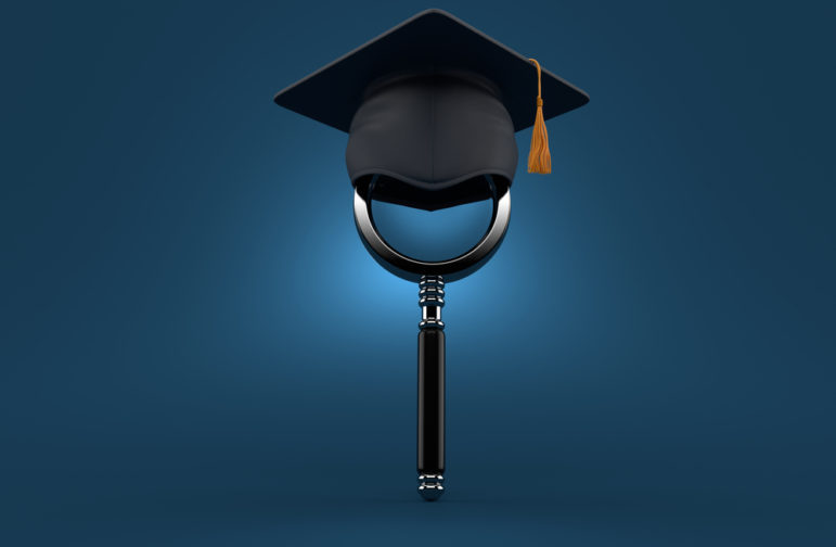 Magnifying glass, mortarboard, academia, journalism, collaboration