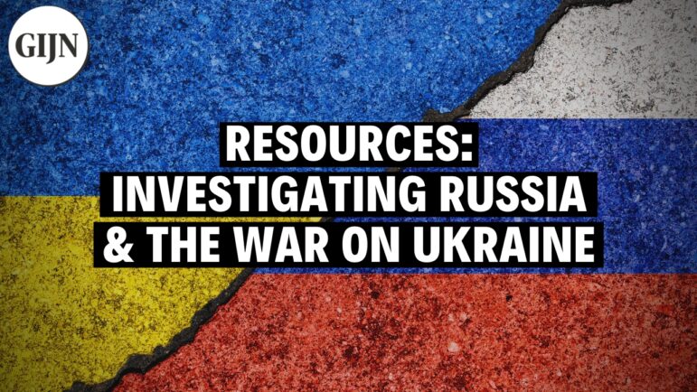 Illustration of Russian and Ukraine flag combined. Text on the flags read: Investigating Russia & the War on Ukraine