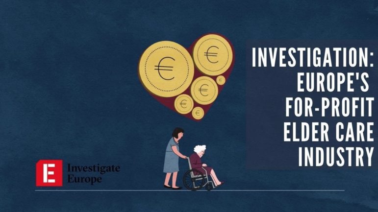 Title image of Investigate Europe: 'Grey Gold' report on for-profit takeover of Europe's Care Homes with euro coins and woman pushing elderly person in a wheelchair