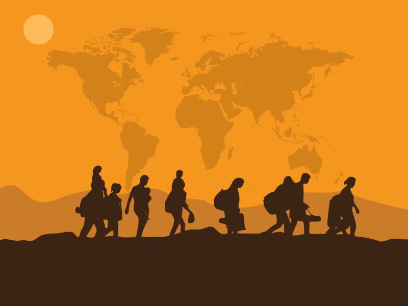Illustration Refugee silhouettes horizon sun map