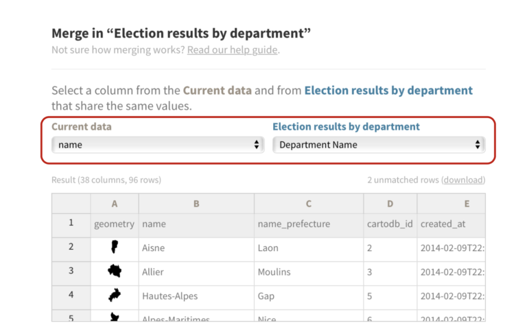 Select the columns to match between Current data and the spreadsheet – in this case, the columns containing names of departments in the .csv and .json files. 