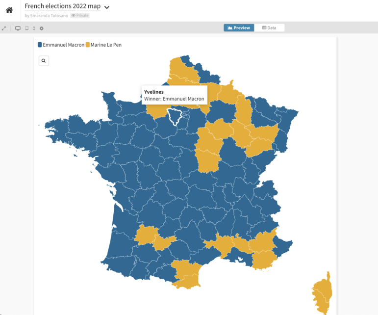 Once the datasets are merged, the resulting interactive map will show the party winner by color as well as the department and election winner by name. Image: Screenshot