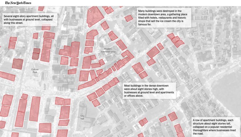 NYT satellite mapping of earthquake destruction in Kaharamanmaras, Turkey - data journalism