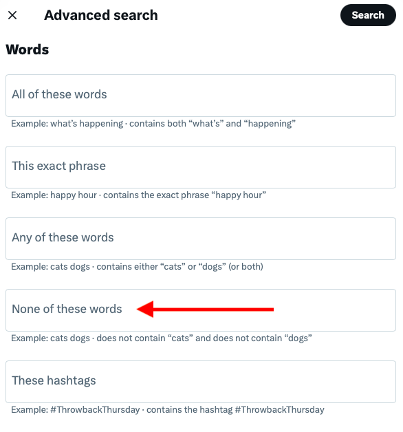 advanced search none of these words Twitter