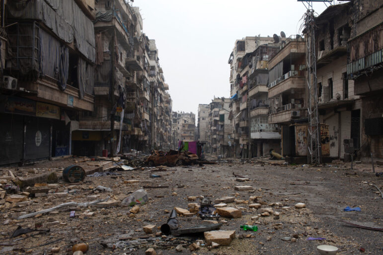 bombed-out street Aleppo, Syria attacks on civilians