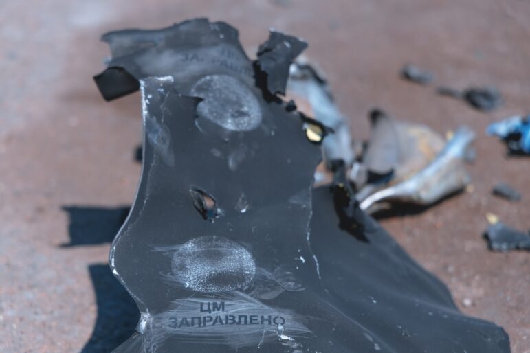 Fragment of a Russian missile after hitting a building in Dnipro, Ukraine, June, 2022. Image: Shutterstock