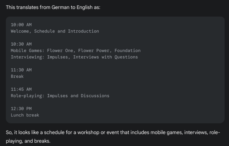 Gemini translates blurry text from German into English