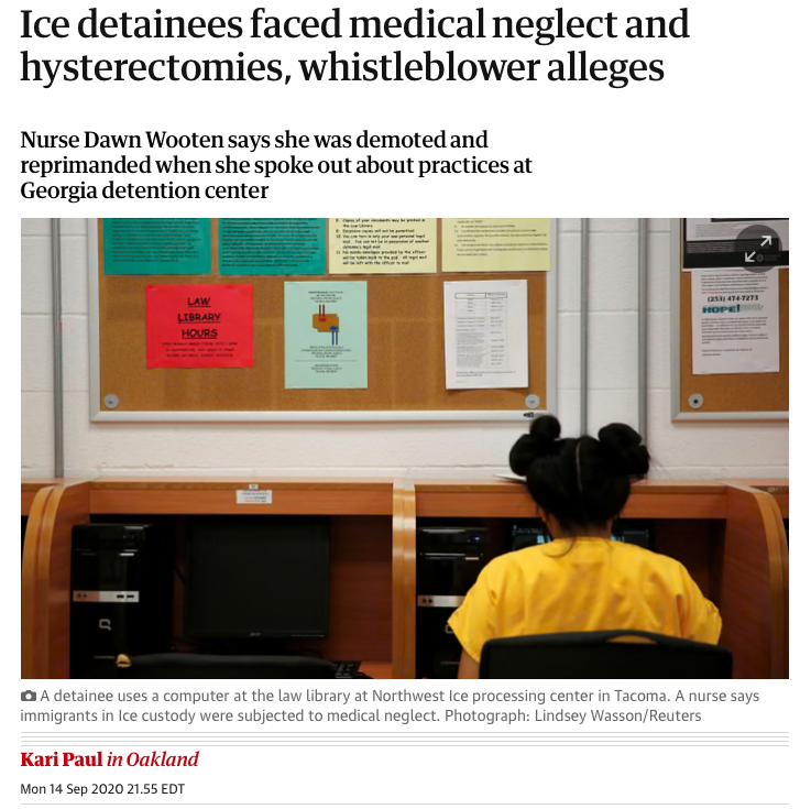 Nurse Dawn Wooten was subjected to retribution for blowing the whistle on abuse and neglect in a ICE detention facility in Washington state. Her speaking out led to articles like this one in the Guardian and, ultimately, the facility was shuttered. Image: Screenshot, the Guardian