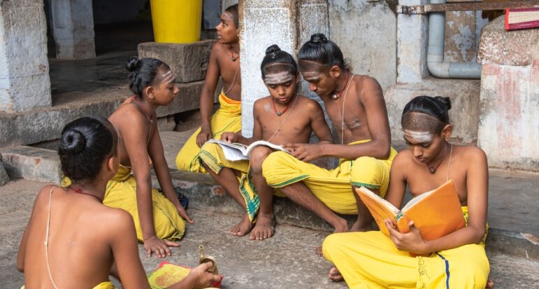 Young students studying at a Brahmin school in Mubarai, India