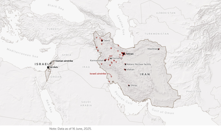 Map of Israel's initial airstrikes in Iran (red triangles) and Iran's attacks on Israel in response (black). Image: Reuters