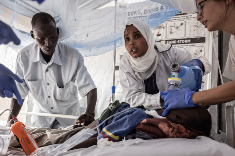 A mother and child at an emergency feeding center run by the medical charity Doctors Without Borders in Adre, eastern Chad, August 1, 2024.Finbarr O'Reilly/VII Foundation