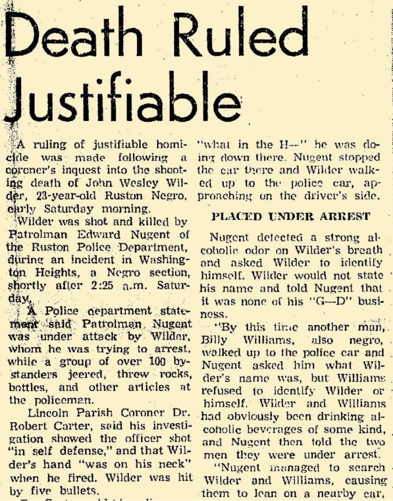 Excerpt from the July 19, 1965 Ruston Daily Leader article on the killing of John Wesley Wilder by Ruston police officer Edward Alton Nugent.