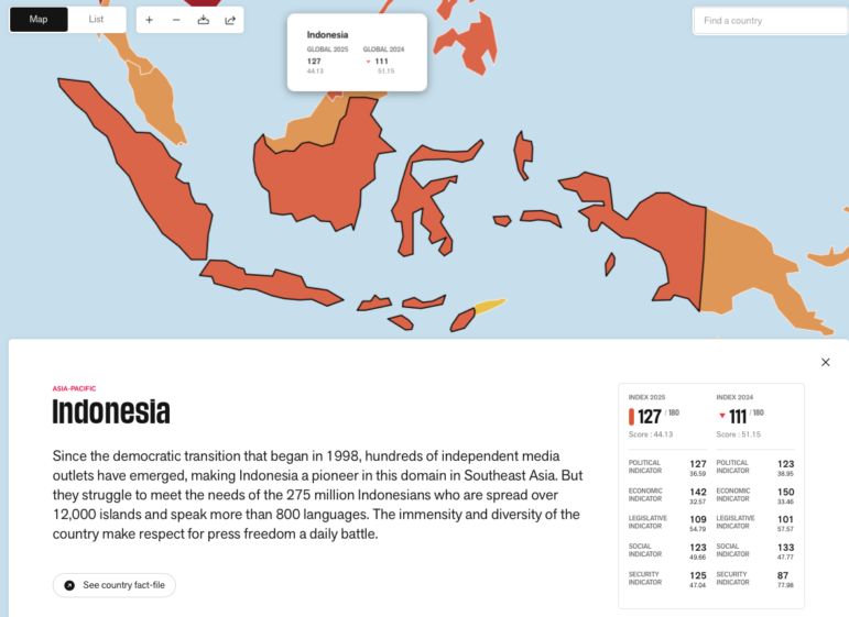 2025 RSF Global press freedom index - Indonesia