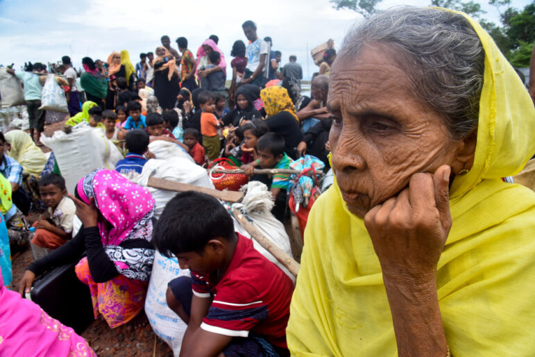 Hundreds of Rohingya people crossing Bangladesh's border as they flee from Buchidong at Myanmar after crossing the Nuf River in Taknuf, Bangladesh, on September 08, 2017.