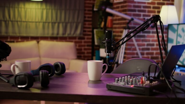 ,Podcast,Home,Studio,With,Microphone,Boom,Arm,And