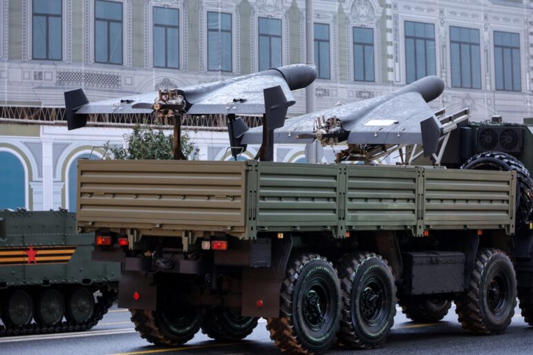 Russian UAV Geran (Shahed) drones on display at the 2025 Victory Day parade in Moscow, Russia. Iranian-made Shahed drones have been used extensively by Russia to attack civilian infrastructure during its invasion of Ukraine. Image: Shutterstock