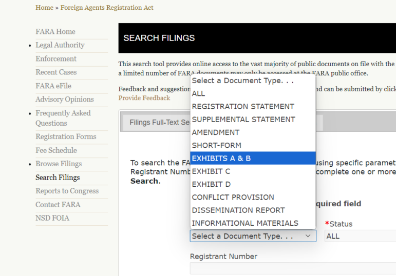 FARA search filings page