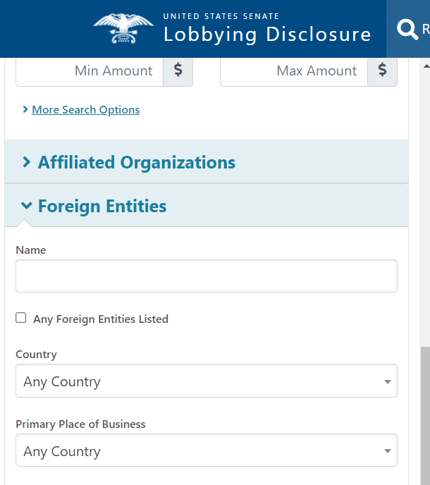 US Senate Lobbying Disclosure foreign entities search page