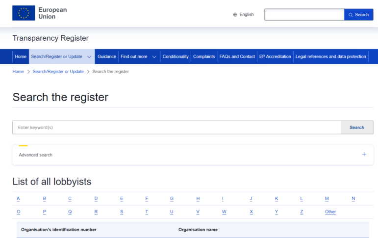 EU Transparency Register webpage