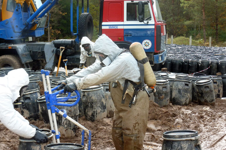 Nine hundred and fifty tons of obsolete pesticides have been excavated from the landfill, packed into proper tare and are shipped for destruction. Photo: Irina Oleinik/ World Bank