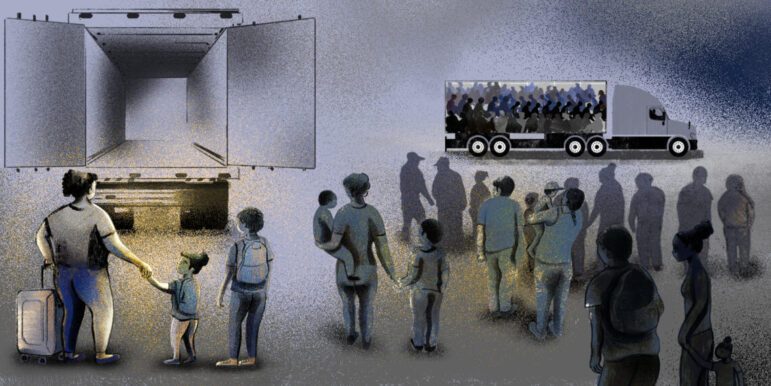 Image of women and children preparing to travel by trailer truck. Illustration: Alejandra Saavedra López for CLIP, republished with permission.