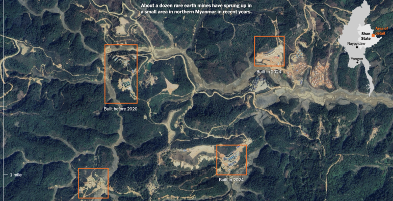 The New York Times identified numerous rare earth mining locations that have sprung up inside Myanmar since the outbreak of the civil war.