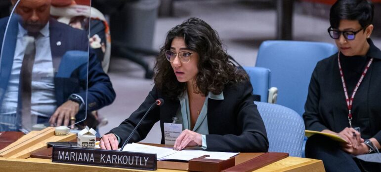 UN Photo/Loey Felipe Mariana Karkoutly, Co-Founder of Huquqyat, briefs UN Security Council meeting on women and peace and security.