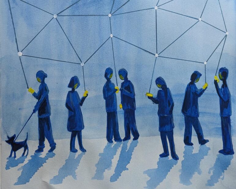 Seven people and a dog are illustrated in watercolour standing against a light blue background, in a variety of poses but all intently looking at their mobile phones. They are coloured in blue with yellow detail, and cast blue shadows. Their phones are all connected via a web like network in the air, showing various connection points. The image is portrait shape and allows space for text in the top left hand corner.