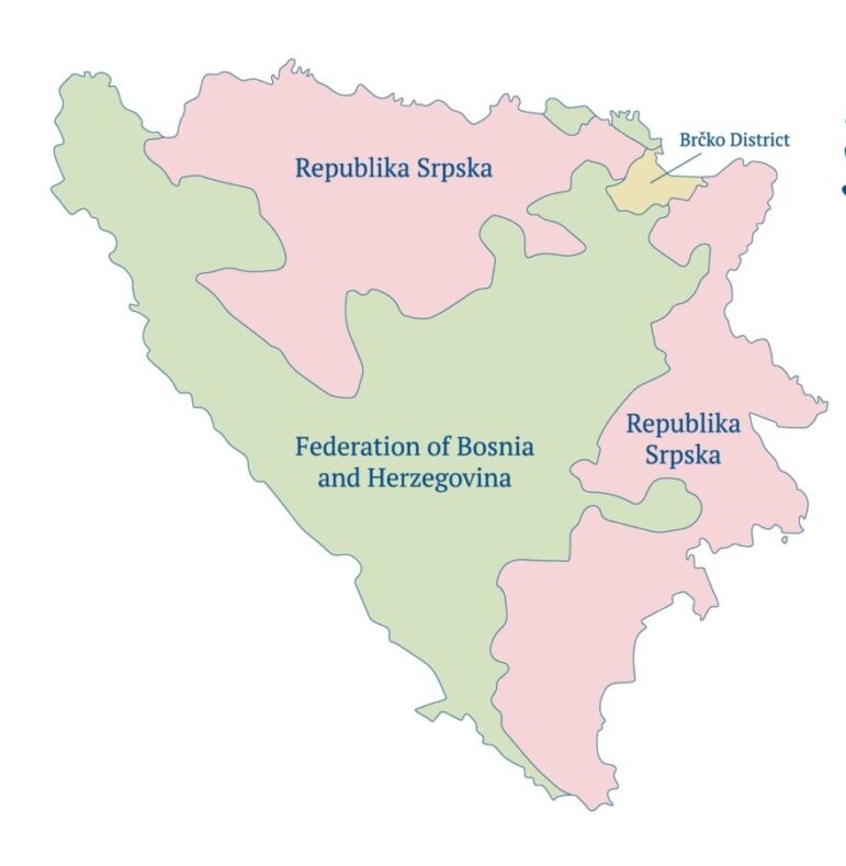 Republika Srpska (pink) is one of two states that make up the Balkan country of Bosnia and Herzegovina. Image: Shutterstock