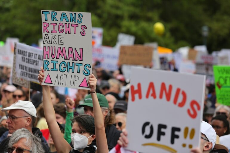 Protestors in Austin, Texas, in April 2025 demonstrate against President Donald Trump's policies toward trans people. Image: Shutterstock