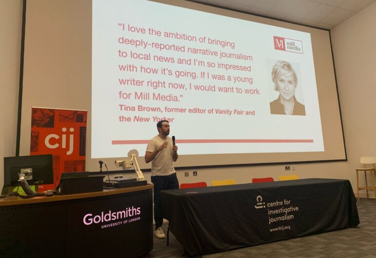 Mill Media founder and editor Joshi Herrmann speaking at the 2025 CIJ Summer Conference in London. Image: GIJN