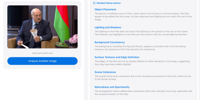 Analysis of an AI-generated image purporting to show the Belarusian president holding a cone of fries. Image: Henk van Ess