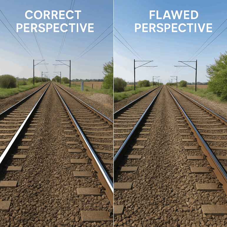 AI-generated image of train tracks next to correct perspective image from real life.