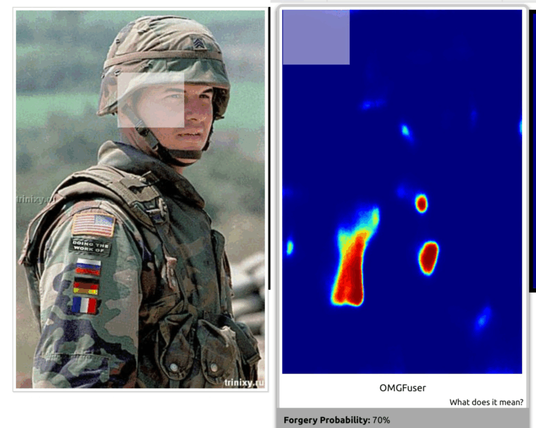 AI-generated image of soldier next to analysis of areas that betray manufacturing