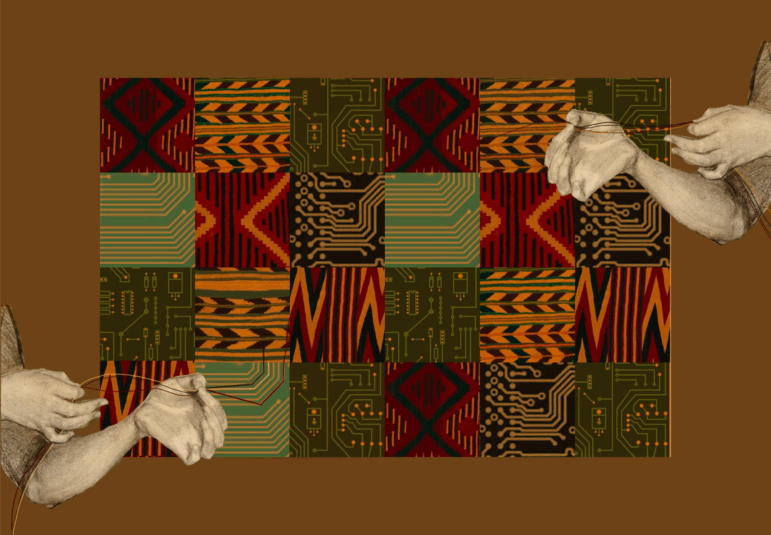 Hands weaving and building technology. Image: Hanna Barakat & Archival Images of AI + AIxDESIGN / Better Images of AI / Used under a CC 4.0 license