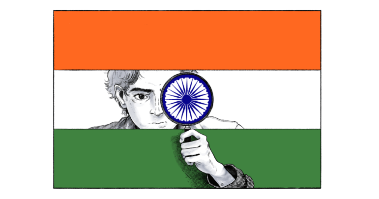 A reporter holding a magnifying glass peers out of the Indian flag.