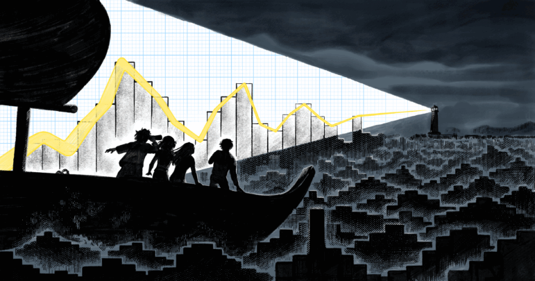 An illustration shows the shadows of four reporters in the choppy seas of data journalism, making their way towards a lighthouse.