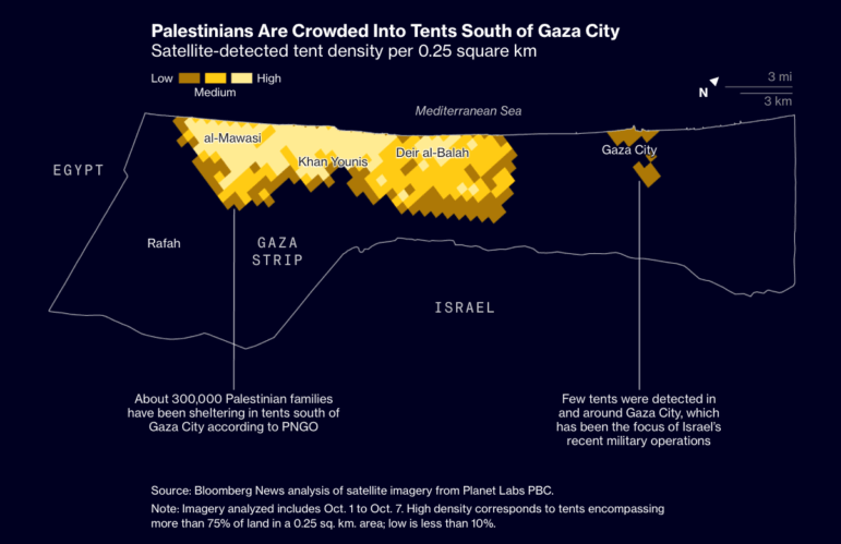 Bloomberg, Gaza residents confined to crowded tent cities
