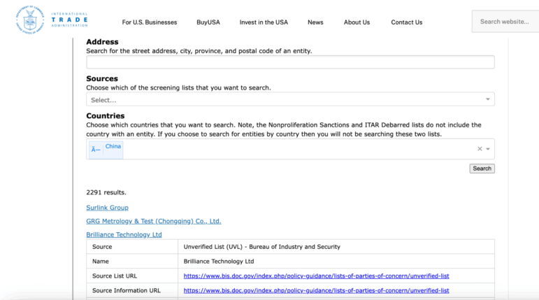Consolidated Search Listing site, US Trade
