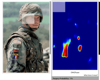 Una fotografía viral, digitalmente alterada, de un soldado estadounidense en 2004. El parche dice “DOING THE WORK OF”, junto con las banderas de Rusia, Alemania y Francia han sido añadidas a la imagen. La herramienta muestra la posible zona de alteración y cómo pudo haber sido alterada. Imagen: Henk van Ess