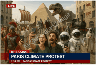 Imagen generada por IA que pretende mostrar la cobertura de una protesta climática en París. Imagen: Henk van Ess