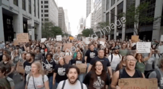 Imagen generada por IA que pretende mostrar manifestantes marchando en las calles de una ciudad. Imagen: Henk van Ess