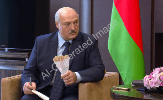 Una imagen generada por IA que pretende mostrar al presidente de Bielorusia sosteniendo de forma incongruente un cono de papas fritas durante una reunión oficial. Imagen: Henk van Ess