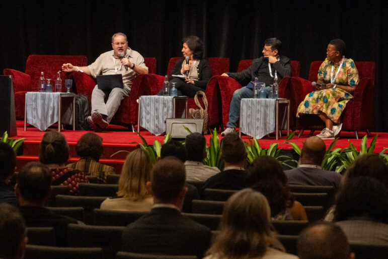 Drew Sullivan, Maria Teresa Ronderos, , (left to right) at the Strategies to Identify Funding Sources for Investigative Journalism panel at GIJC25. 