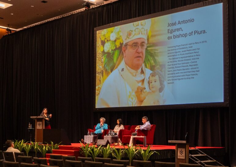 Paola Ugaz (left) discusses her investigation into the Catholic Church in Peru in the GIJC25 panel on covering religious groups and cults.