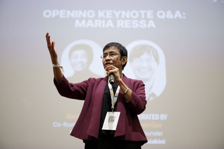 Rappler CEO and Nobel Prize laureate Maria Ressa addresses the opening of the 14th Global Investigative Journalism Conference in Kuala Lumpur, Malaysia,