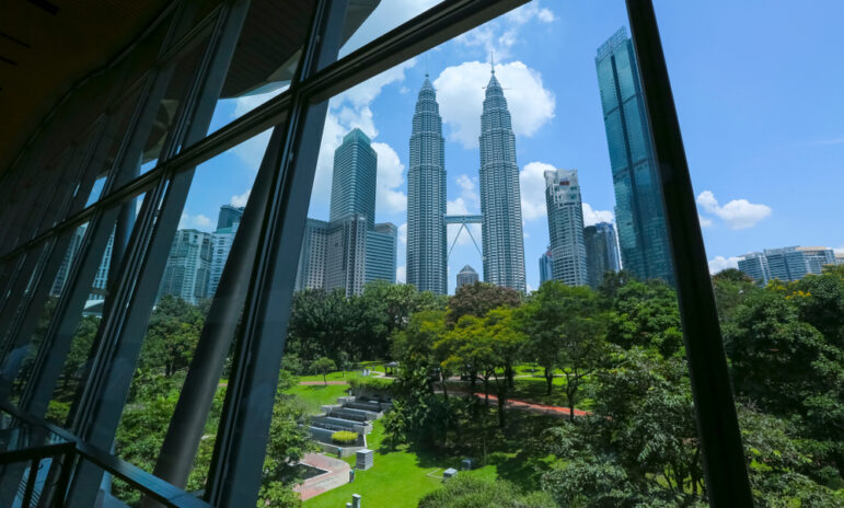 View of the twin Petronas Towers from the Kuala Lumpur Convention Centre.