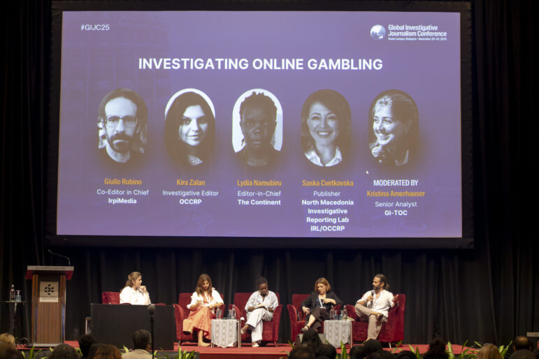 Speakers at the Investigating Online Gambling panel at GIJC25