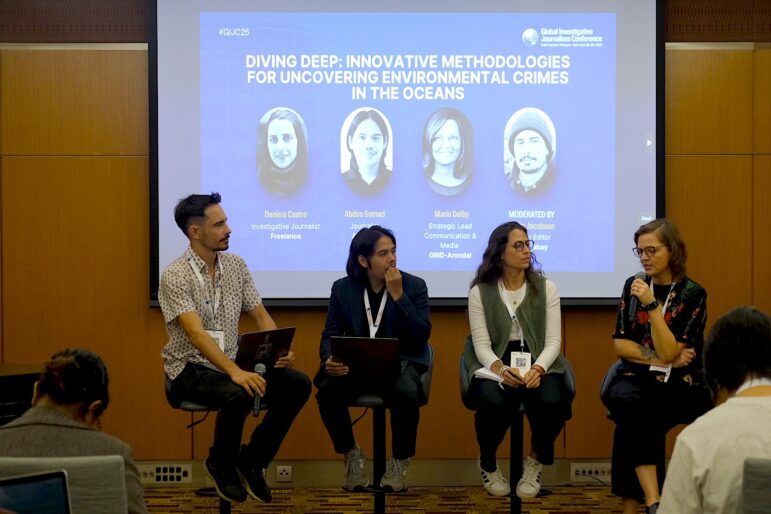 Speakers at the GIJC25 panel on uncovering environmental crimes in the ocean. Image: Alyaa Abdul Aziz Alhadjri for GIJN